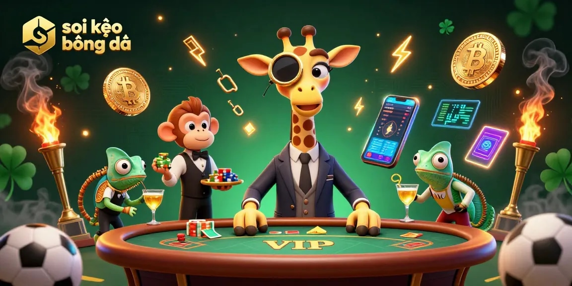 Engage in sports betting thrillingly with soi kèo bóng đá featuring cartoon characters and dynamic elements.