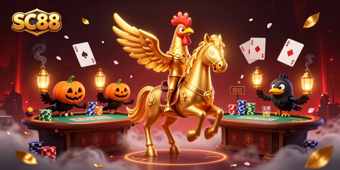 SC88 brings excitement to a vibrant casino scene featuring a golden rooster, poker elements, and dynamic characters.