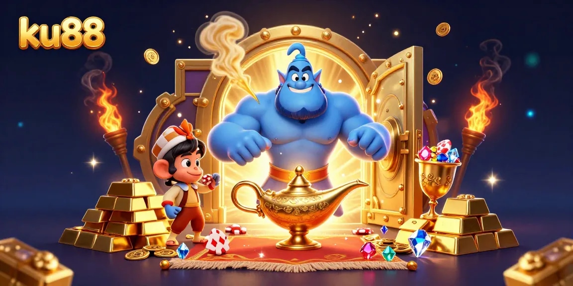 ku88 showcases an Epic Casino Adventure with vibrant characters and dazzling treasures.