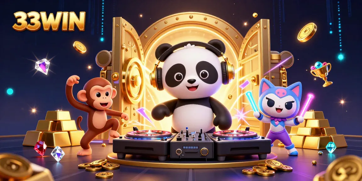 Experience high-energy fun with 33WIN in a vibrant casino scene featuring characters and treasure.