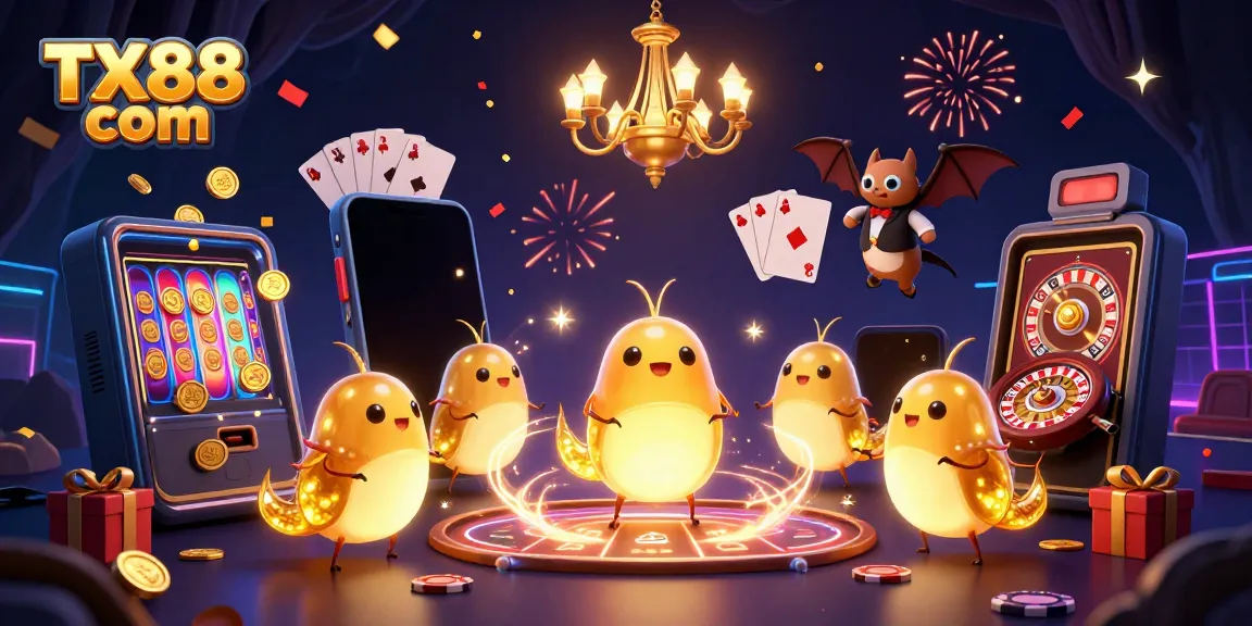 Engage in gambling excitement at TX88 com with illuminated glowworms and vibrant casino elements.