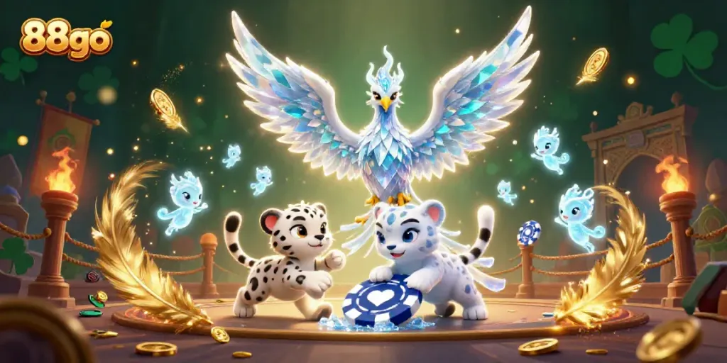 Experience the magic of 88go with an ice phoenix, snow leopard cub, and ice sprites amidst an enchanting casino scene.