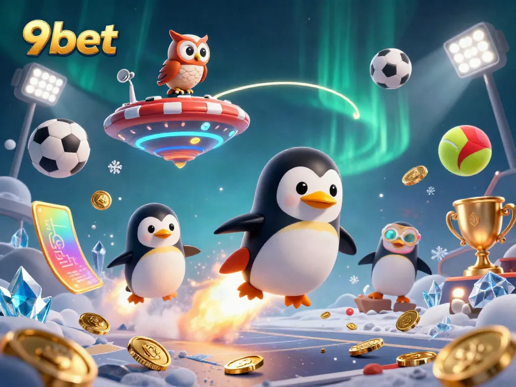 Experience exciting betting with 9bet as the golden penguin navigates space towards a vibrant casino.