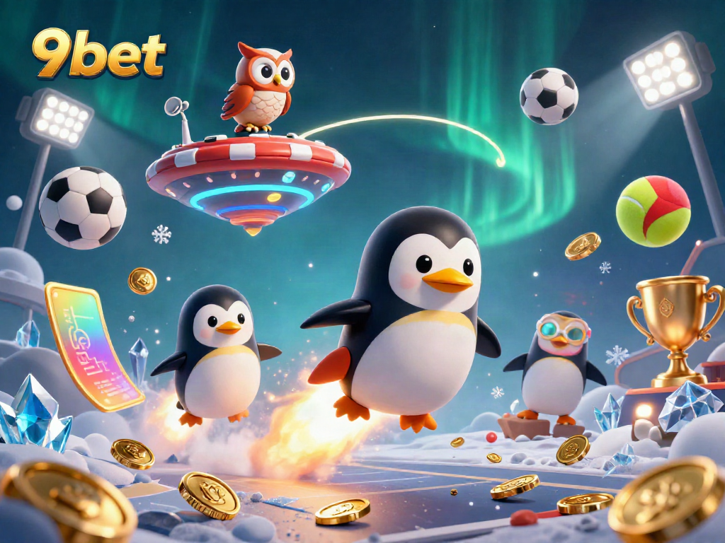 Experience exciting betting with 9bet as the golden penguin navigates space towards a vibrant casino.