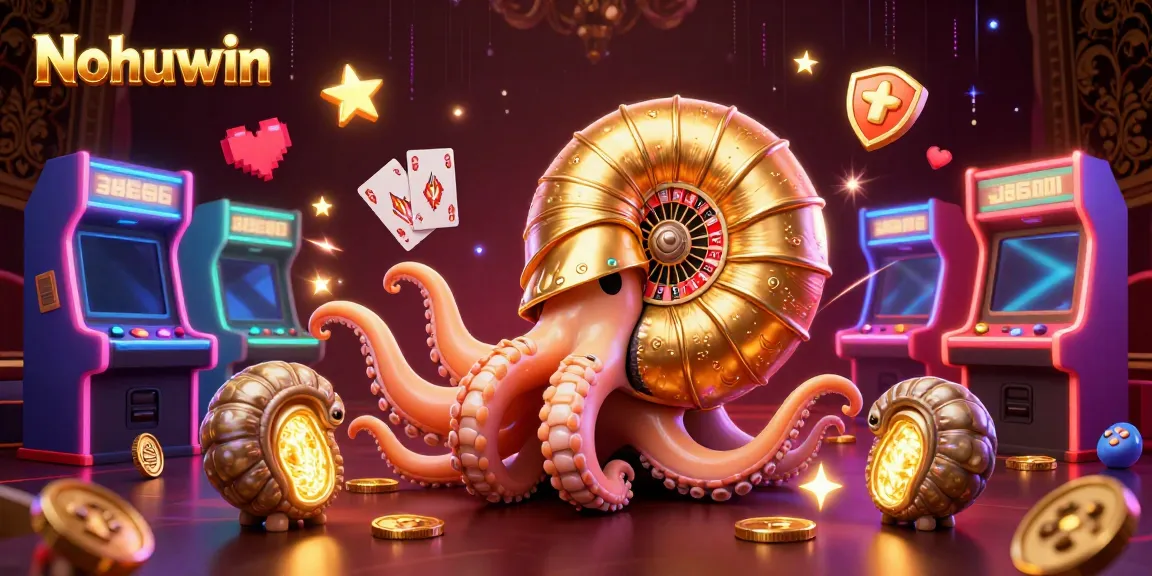 Nohuwin casino scene with a giant nautilus roulette wheel and colorful arcade games, showcasing vibrant action.