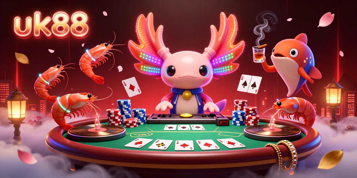 Experience the excitement of uk88's vibrant 3D casino scene featuring a neon axolotl DJ and poker elements.