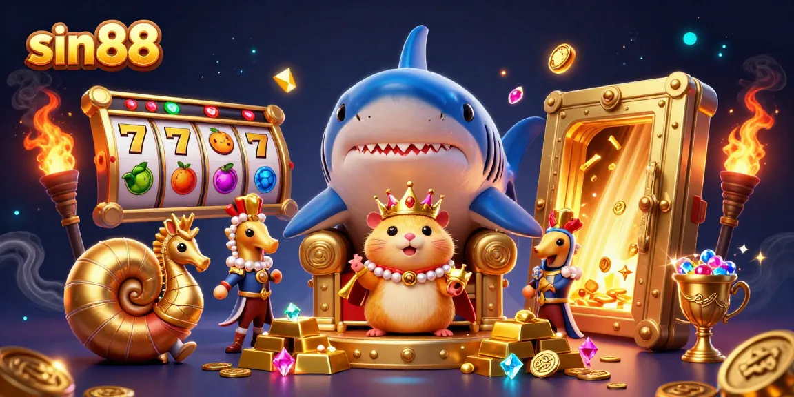 Experience sin88's exciting world with a golden hamster king, slot reels, and treasure galore!
