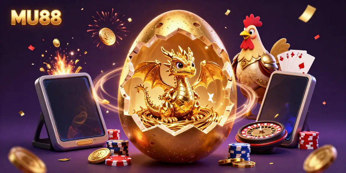 Experience winning moments at MU88 with this vibrant 3D illustration featuring golden gaming elements.