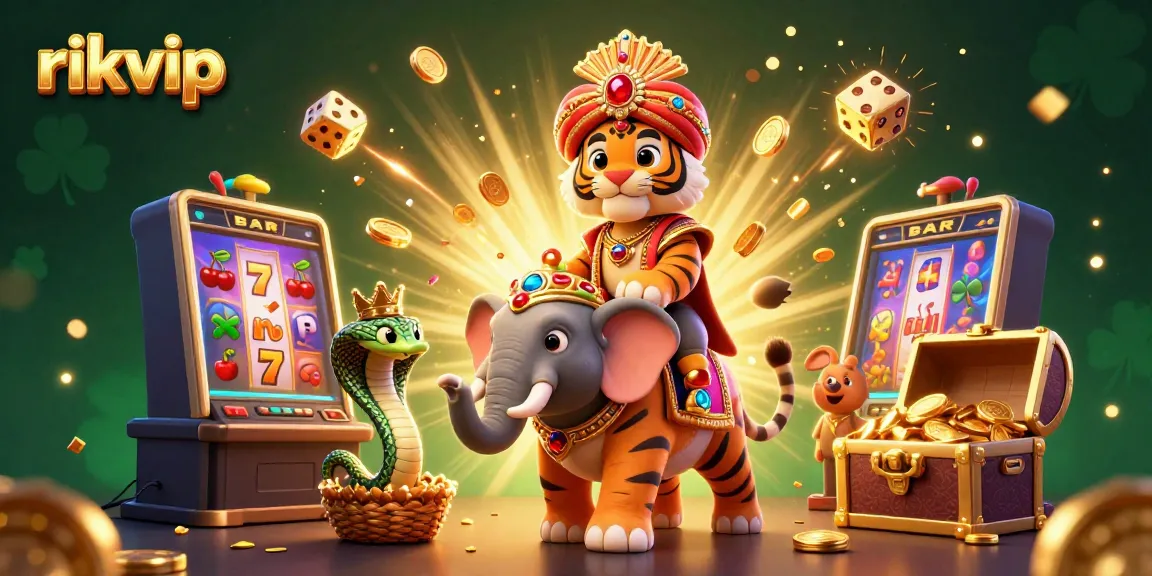 Experience the vibrant excitement of rikvip with a dynamic casino scene featuring a cartoon tiger and lavish elements.