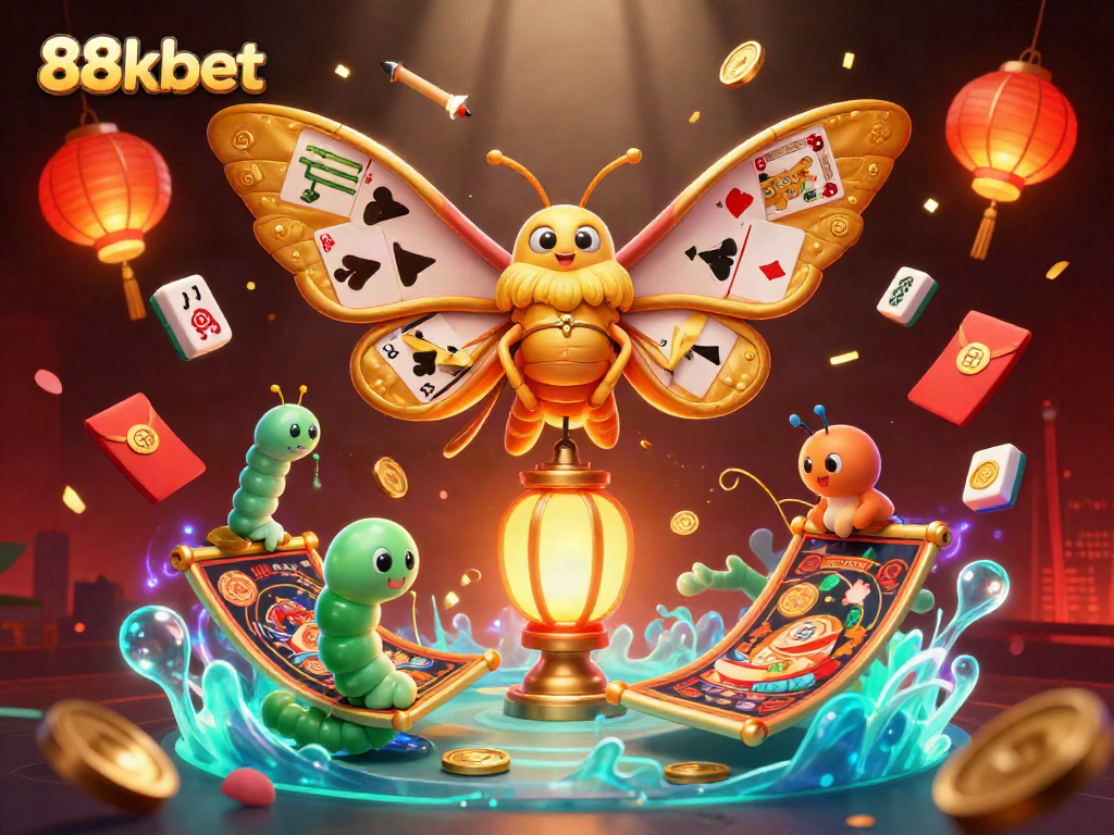 Experience the vibrant energy of 88kbet through a whimsical casino-themed illustration featuring various gambling elements.