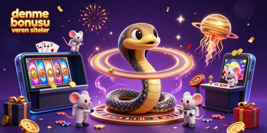 Enjoy the excitement of deneme bonusu veren siteler with cosmic casino elements illustrating vibrant gambling fun.