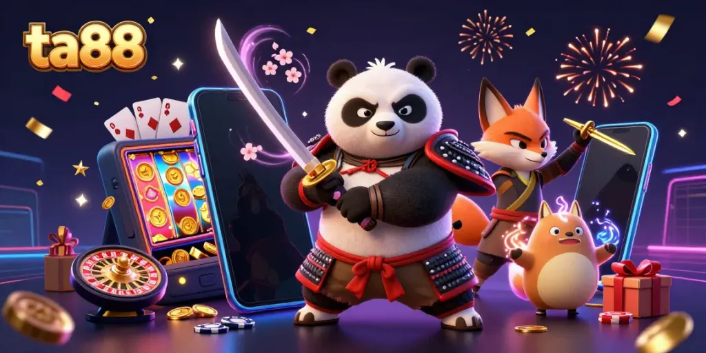 Spin the reels and win with ta88 featuring a samurai panda, ninja fox, and spirit tanuki in a dynamic casino scene.