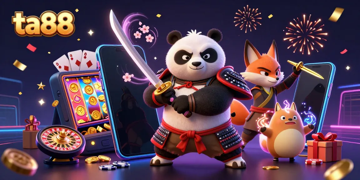 Spin the reels and win with ta88 featuring a samurai panda, ninja fox, and spirit tanuki in a dynamic casino scene.