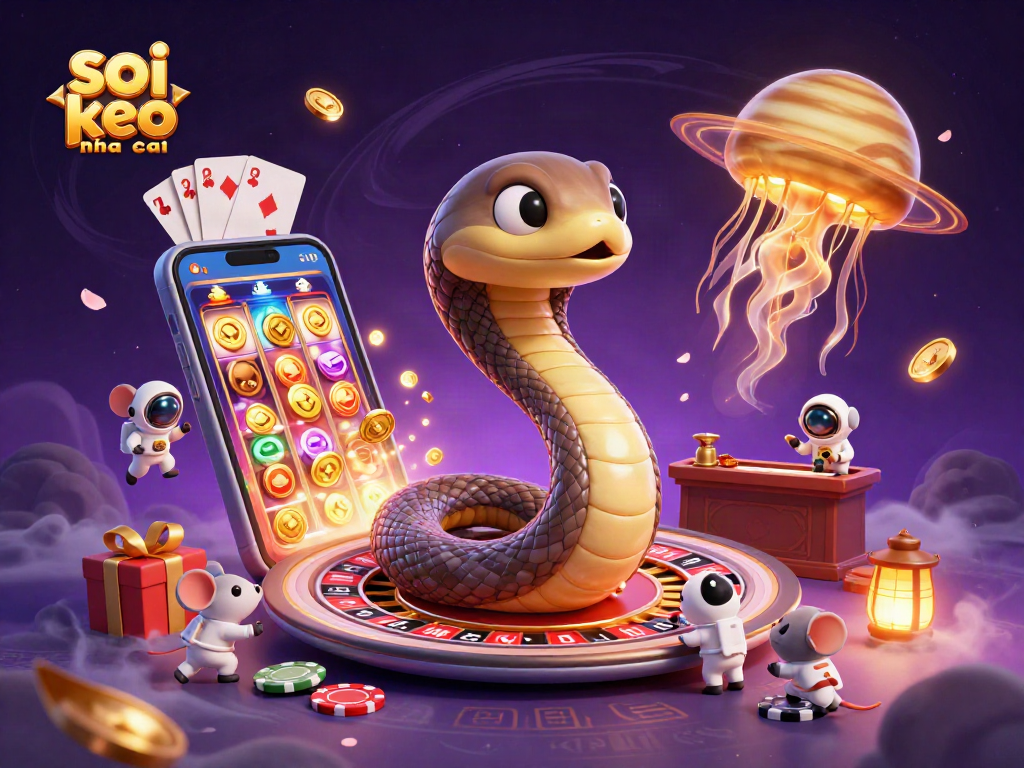 Sophisticated and colorful scene showcasing soi keo nha cai with cosmic characters and bustling gambling elements.