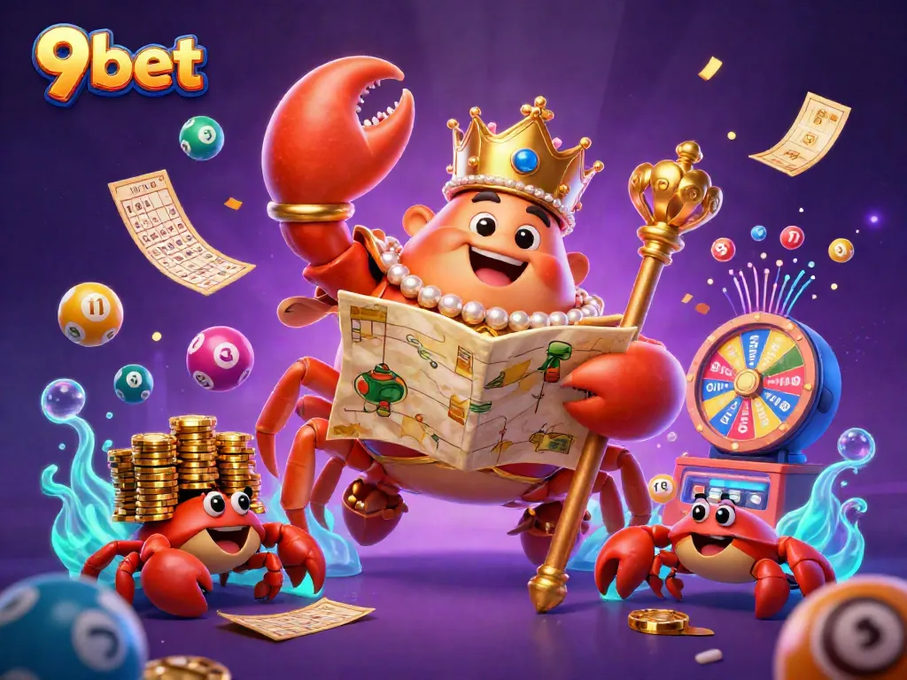 Engage in thrilling gameplay with 9bet, featuring a golden crab emperor amidst a dynamic casino scene.