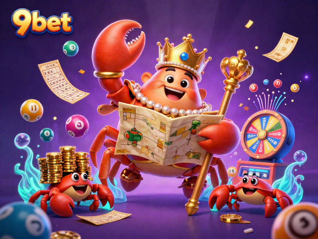 Engage in thrilling gameplay with 9bet, featuring a golden crab emperor amidst a dynamic casino scene.