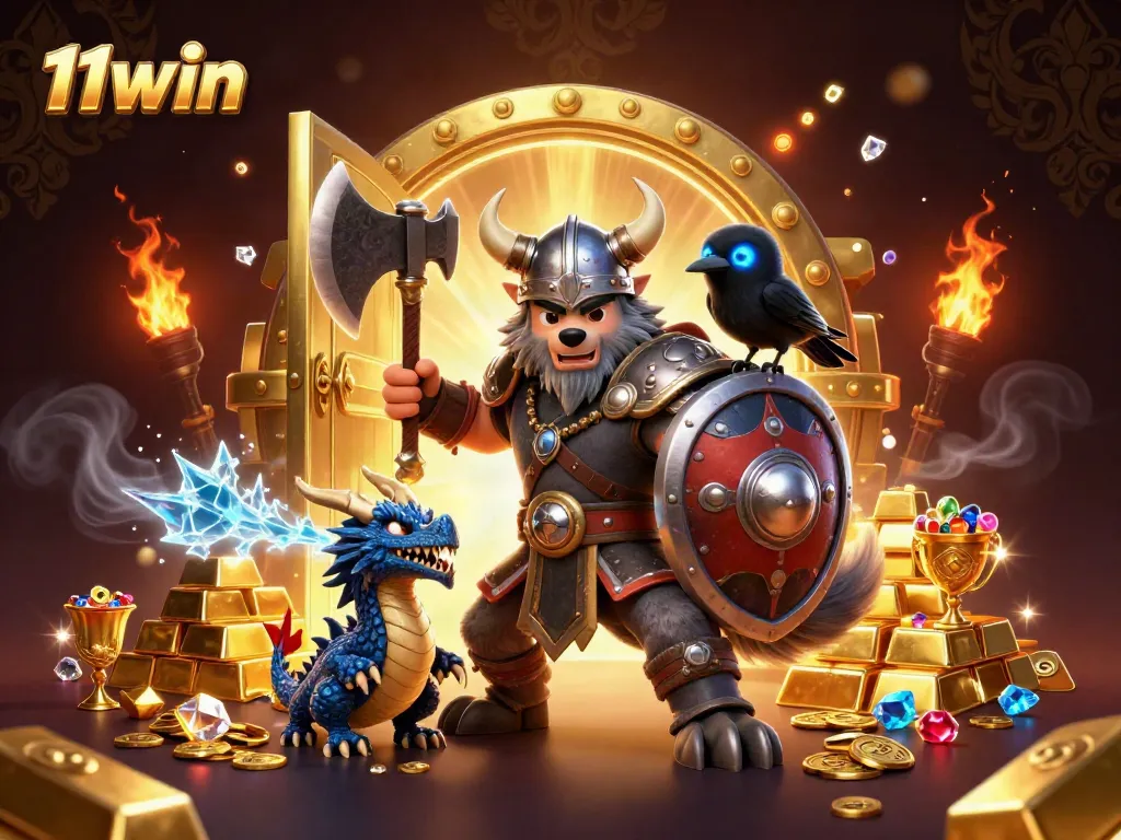 Engage with the thrill of 11win in a vibrant 3D animated casino scene featuring mythical creatures and treasures.