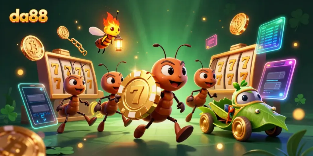 Experience the bustling heist of ants at da88, racing through a vibrant casino scene with gaming elements.