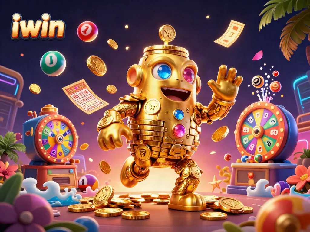 iwin presents an exciting casino scene with a golden golem, spinning prize wheel, and vibrant lottery balls.
