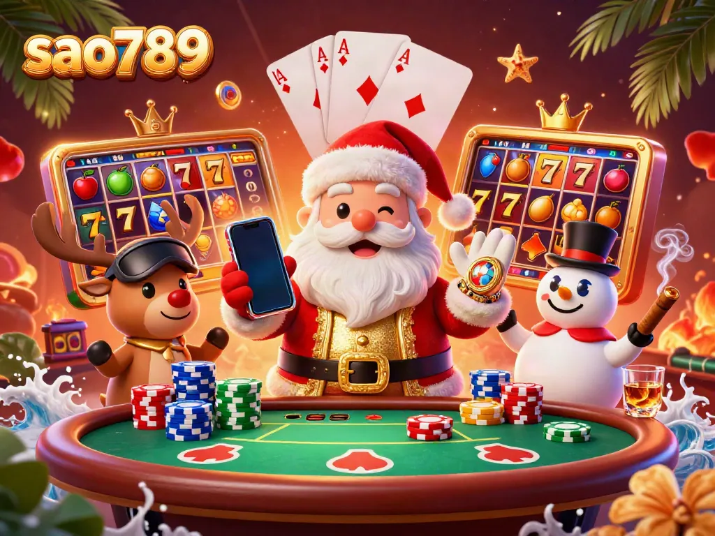 Experience jackpot thrills at sao789 with Santa, his reindeer dealer, and a poker chip snowman.