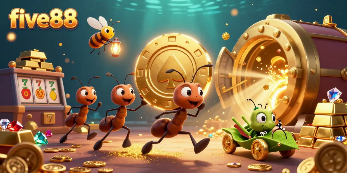 five88 showcases ants carrying a giant poker chip in vibrant casino action with golden treasures.