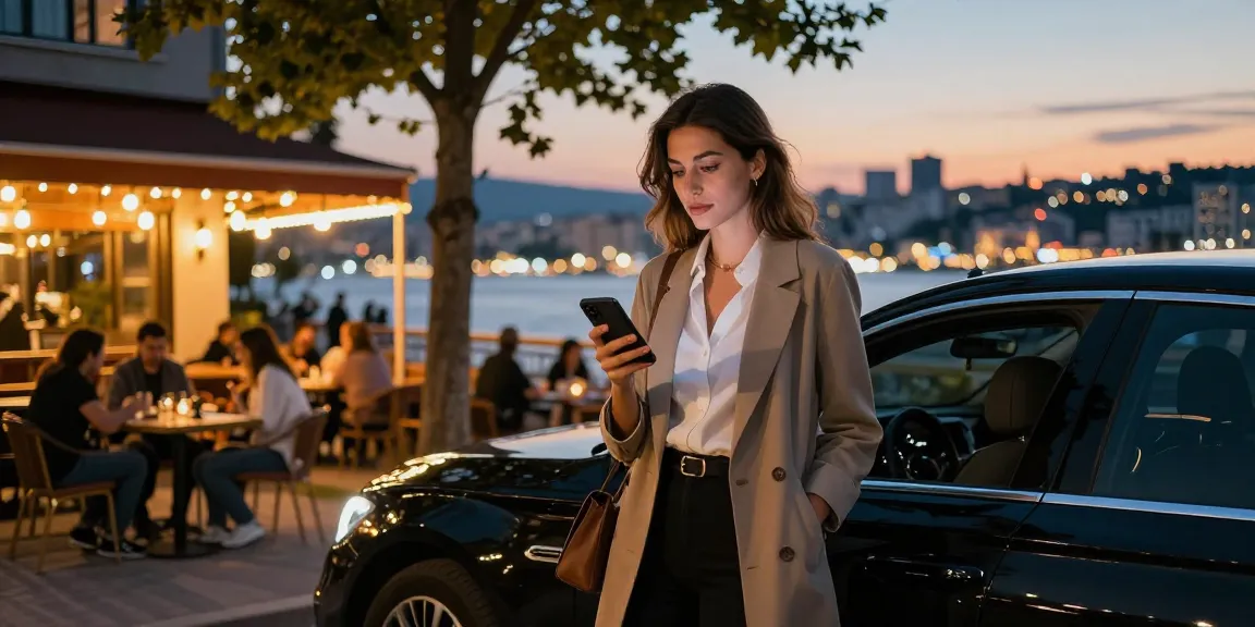 Beylikdüzü escort ile şık bir kadının lüks bir arabadan şehre iletişim kurmaya hazır görseli