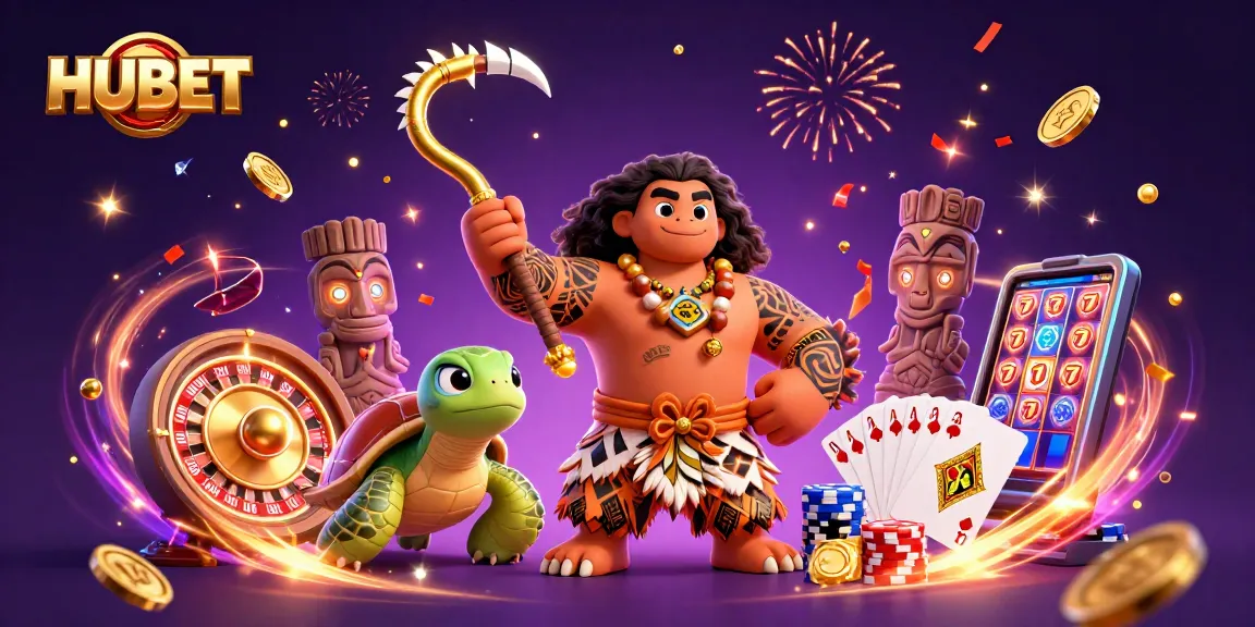 HUBET enhances gameplay with a magical 3D scene of vibrant casino elements and characters.