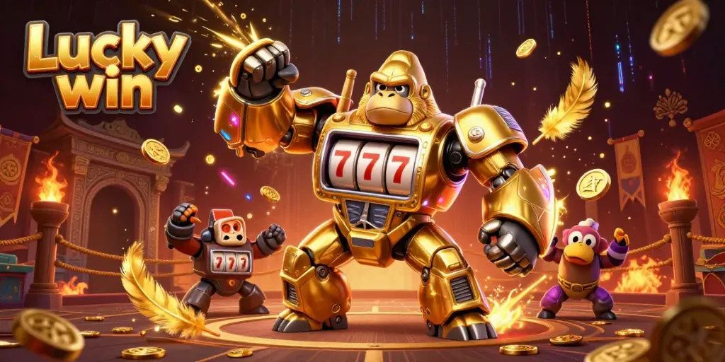 Experience excitement with the Lucky win mech in a vibrant casino-inspired scene with gold coins and dynamic game elements.