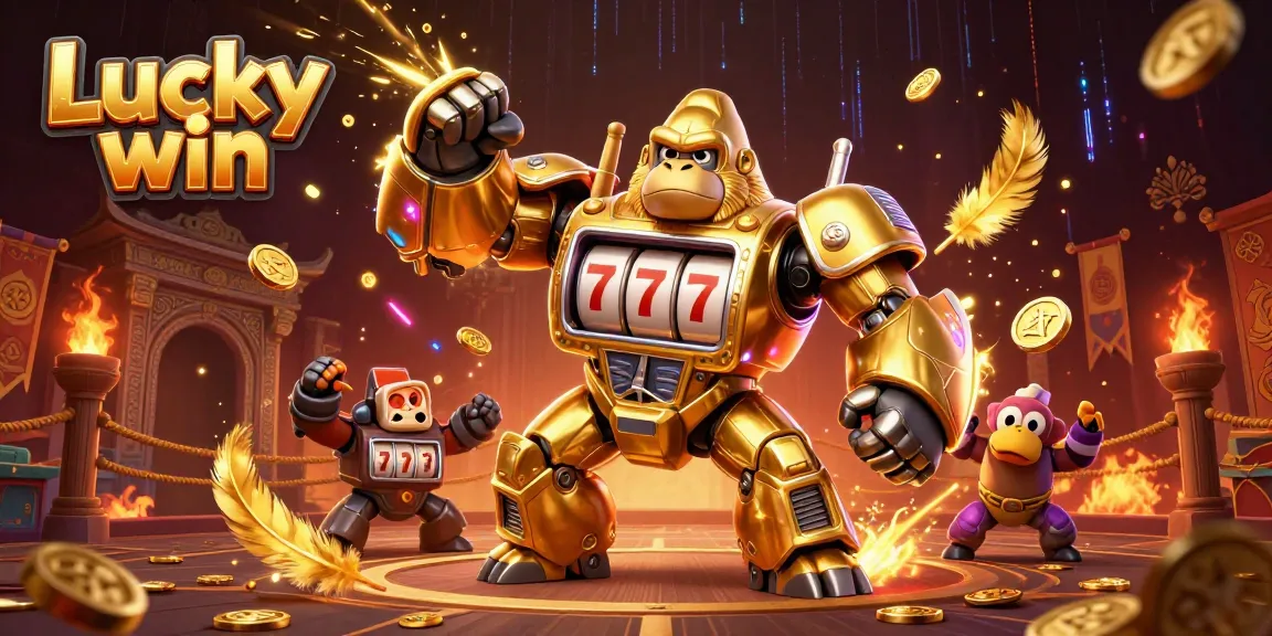 Experience excitement with the Lucky win mech in a vibrant casino-inspired scene with gold coins and dynamic game elements.