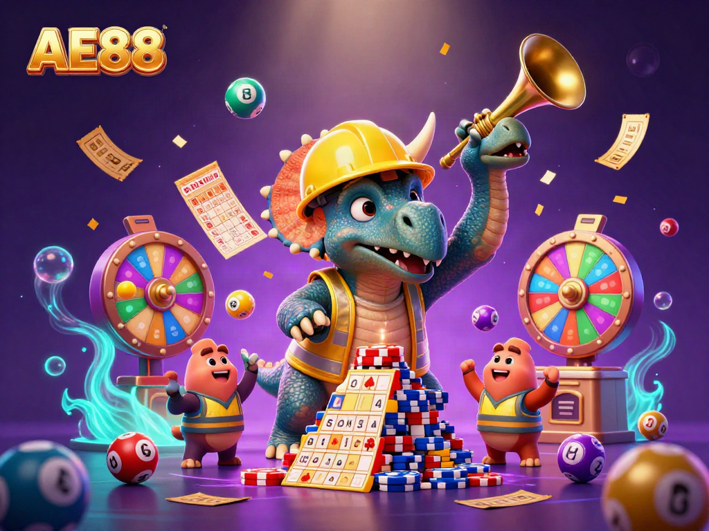 Experience the dynamic celebration of AE88 with a jubilant triceratops building poker chip pyramids.