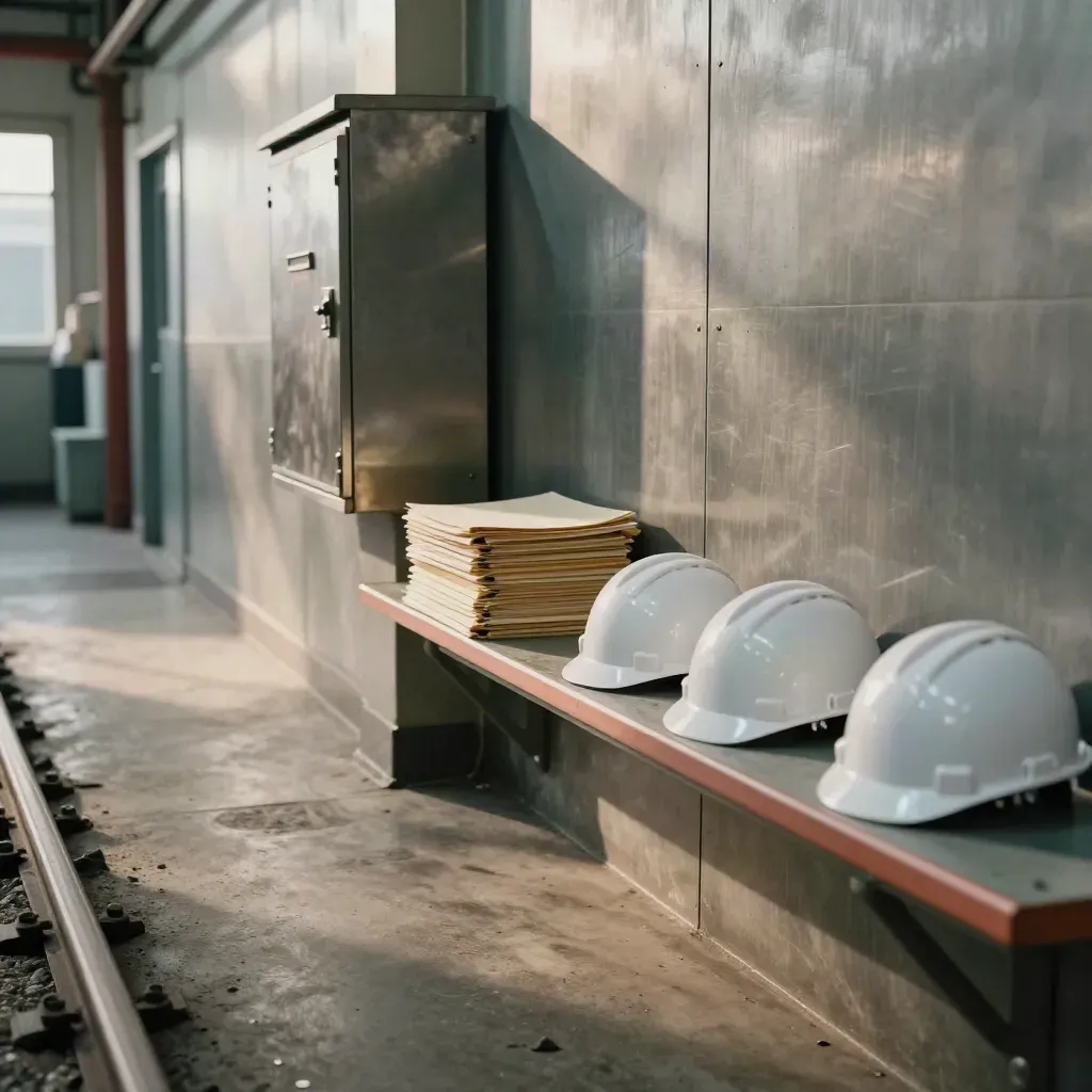 Fabrika koridorunda kilitli öneri kutusu, kapalı dosyalar ve sıralı baretler.