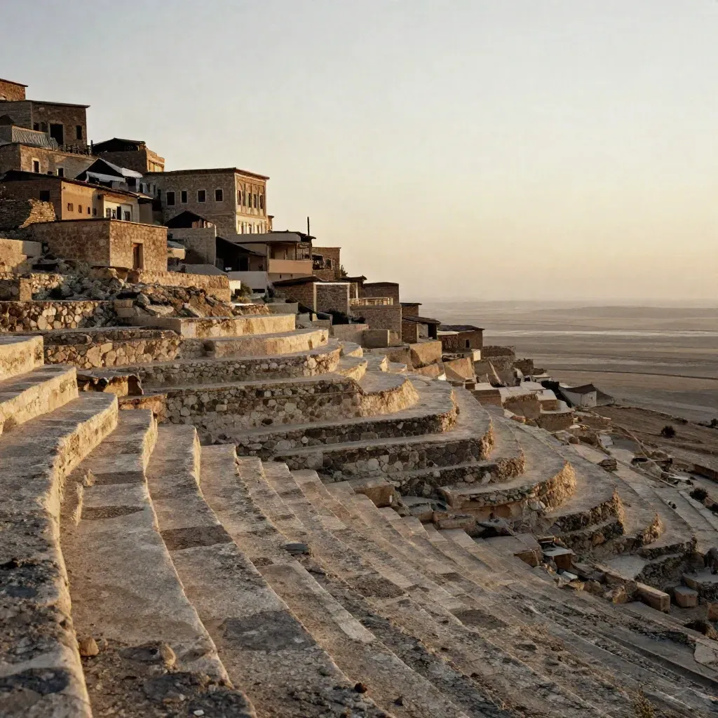 Mardin’in taş terasları ve Mezopotamya ovası, sıcak akşam ışığında.