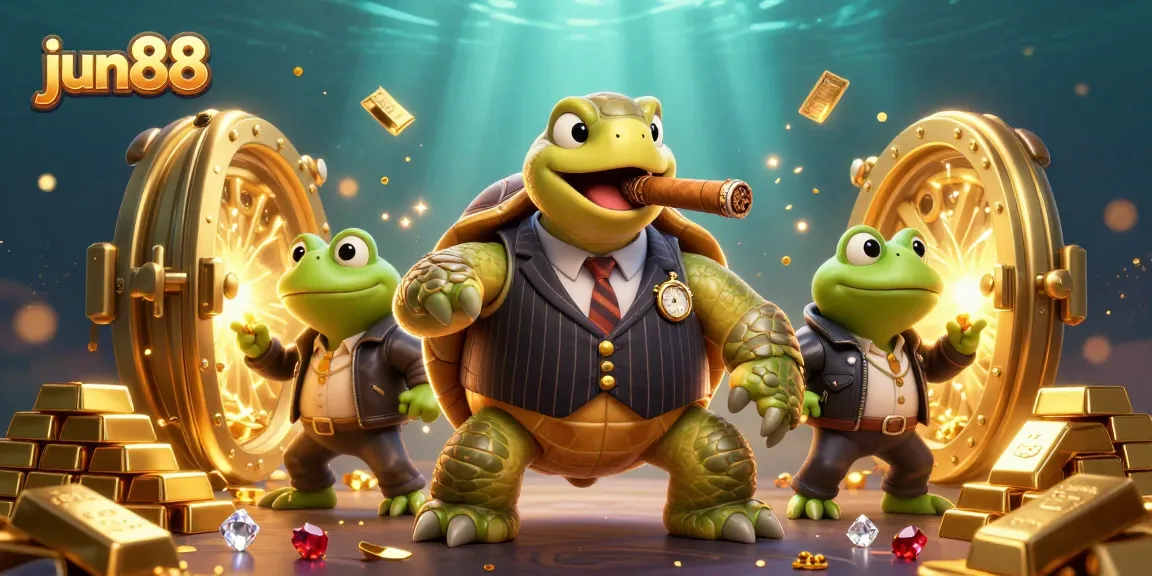 Experience excitement at jun88 with a vibrant casino scene featuring unique characters and treasures.