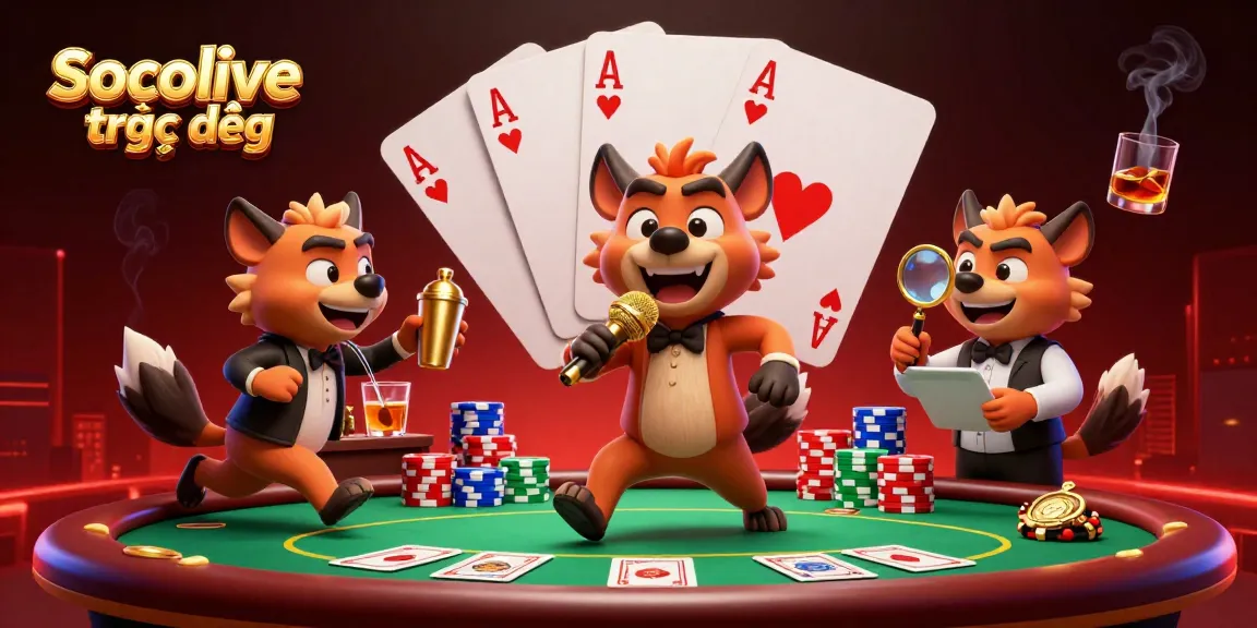 Socolive trực tiếp showcases a vibrant live casino scene with animated hyena characters engaging in various activities.
