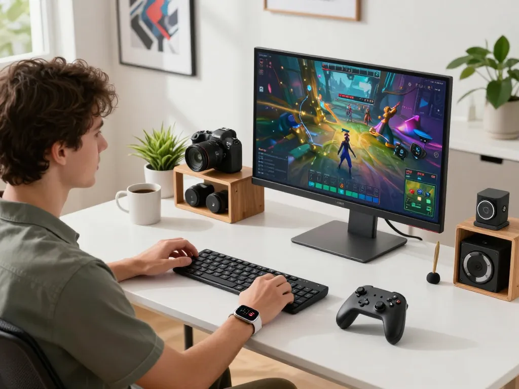 Individual exploring unique tech gadgets like Bluetooth controllers and keyboards in a vibrant workspace.