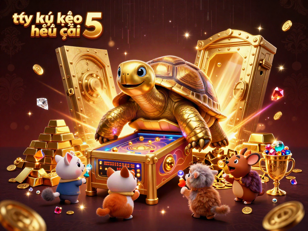 Engage in the excitement of tỷ lệ kèo nhà cái 5 with a whimsical golden tortoise pinball character and dazzling treasures.