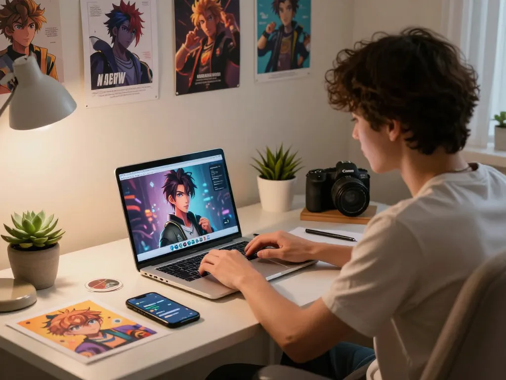 Engaging user interaction with Crushon AI character chat in a cozy home office.