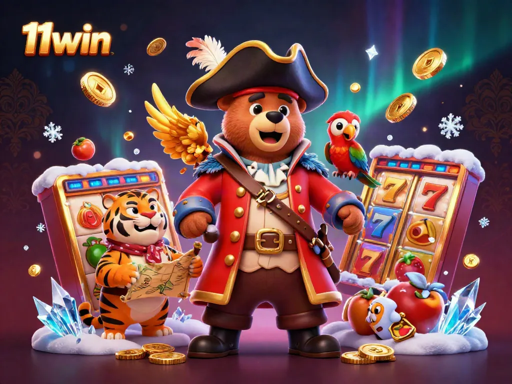 Experience thrilling slots at 11win with a pirate captain bear and fierce tiger first mate in an exciting casino illustration.