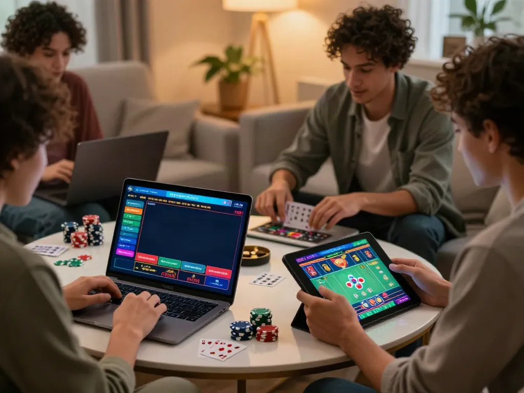 Dynamic players enjoying online betting games at home with UK88 platform in focus.
