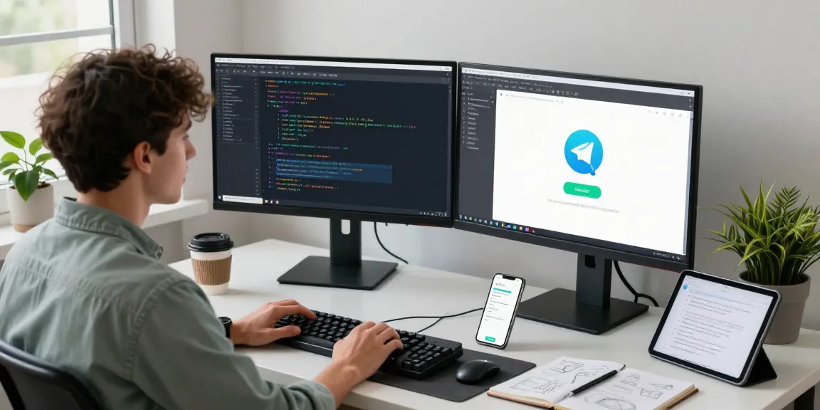 Download Telegram shown on a developer's dual-monitor setup in a modern workspace.