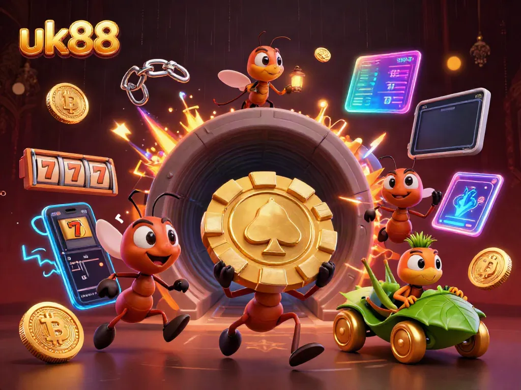 Experience thrilling gameplay with uk88 in this dynamic 3D heist scene featuring ants, slots, and crypto coins.