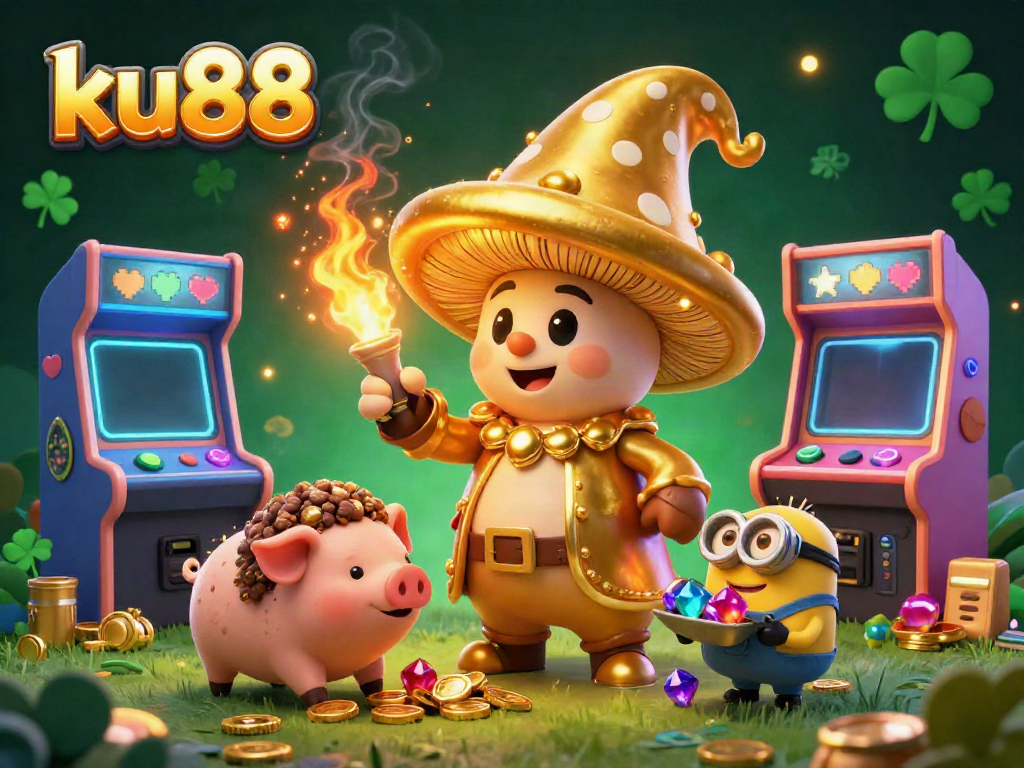 Join the magical world of ku88 with a golden mushroom wizard, treasure-sniffing pig, and colorful gaming elements.