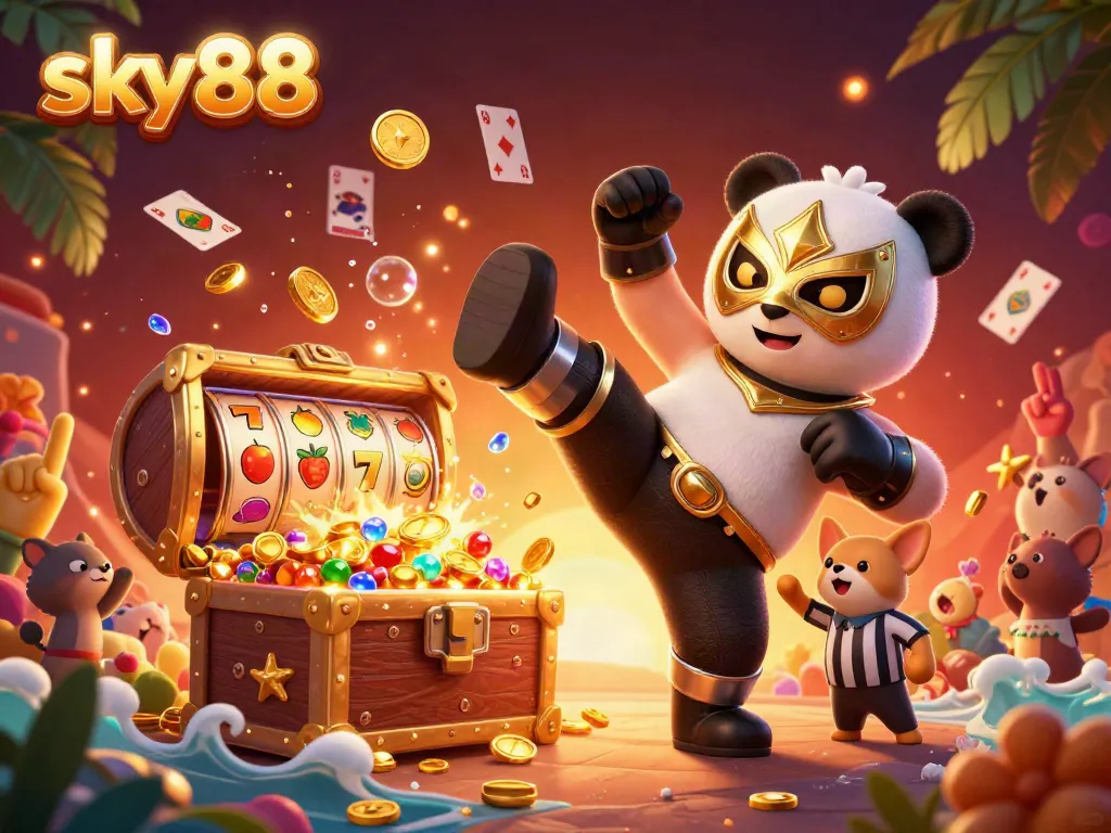 Experience thrilling casino excitement with sky88's dynamic illustration, showcasing vibrant gambling elements and lively characters.