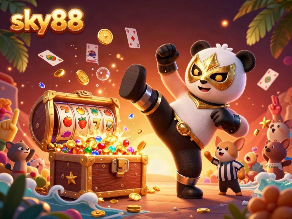 Experience thrilling casino excitement with sky88's dynamic illustration, showcasing vibrant gambling elements and lively characters.