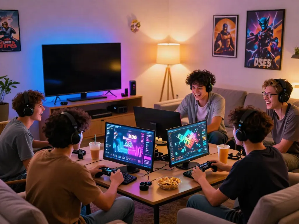 Gamers enjoying a lively DU88 gaming night in a vibrant living room.