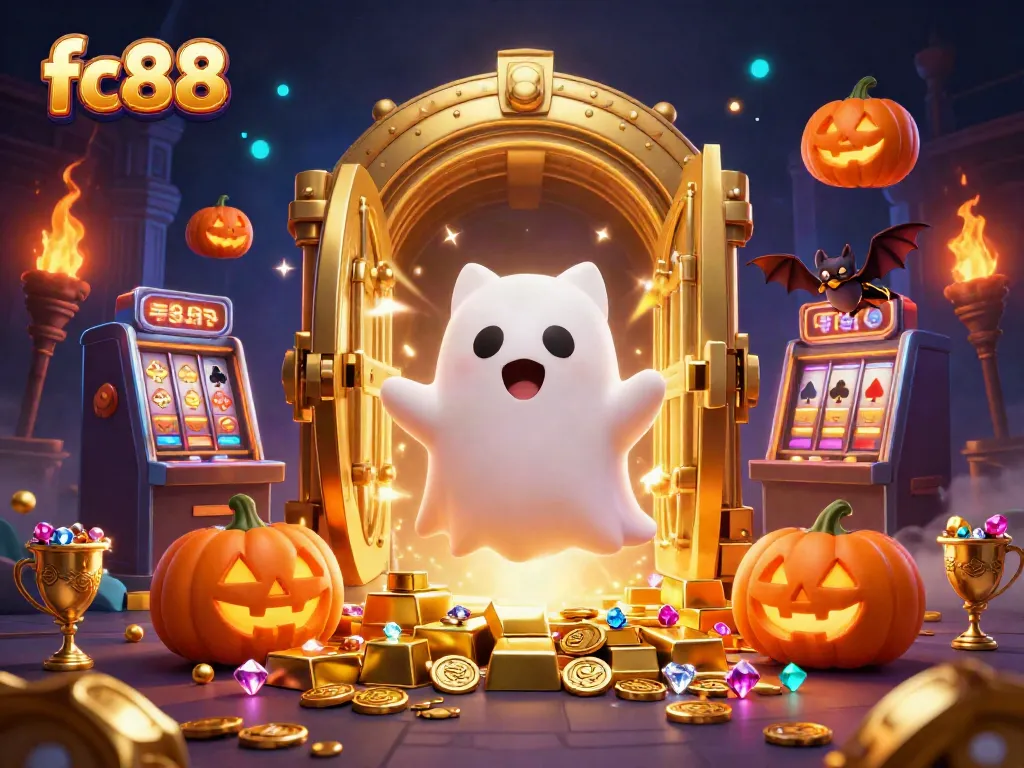 Catch the thrill of playing fc88 in this haunted casino illustration with fun characters and bright elements.