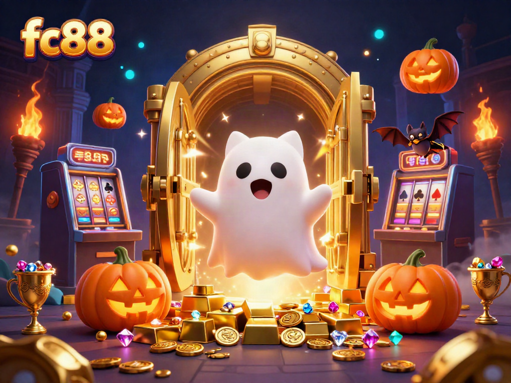 Catch the thrill of playing fc88 in this haunted casino illustration with fun characters and bright elements.