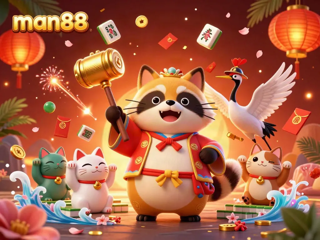 Experience the thrill of gaming at man88 with a vibrant 3D casino illustration featuring lucky characters and festive elements.