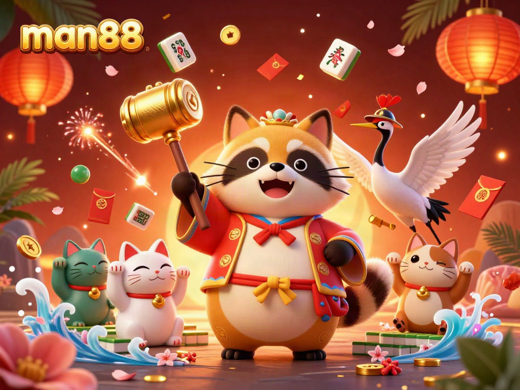 Experience the thrill of gaming at man88 with a vibrant 3D casino illustration featuring lucky characters and festive elements.