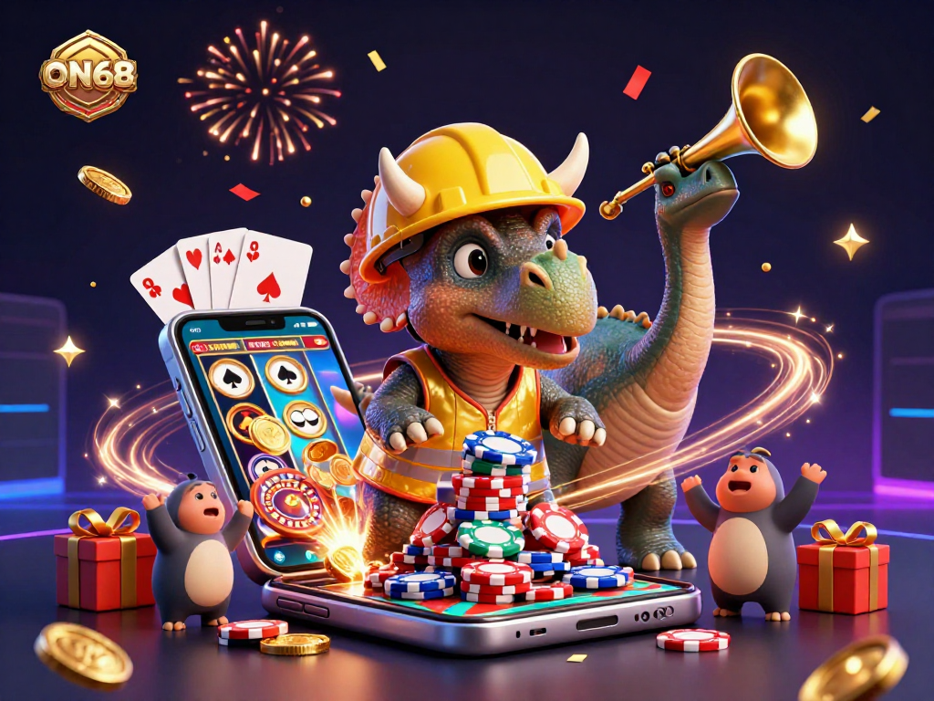 Experience ON68 with a magical 3D scene featuring a triceratops building poker chips, complemented by colorful gaming symbols and celebratory elements.